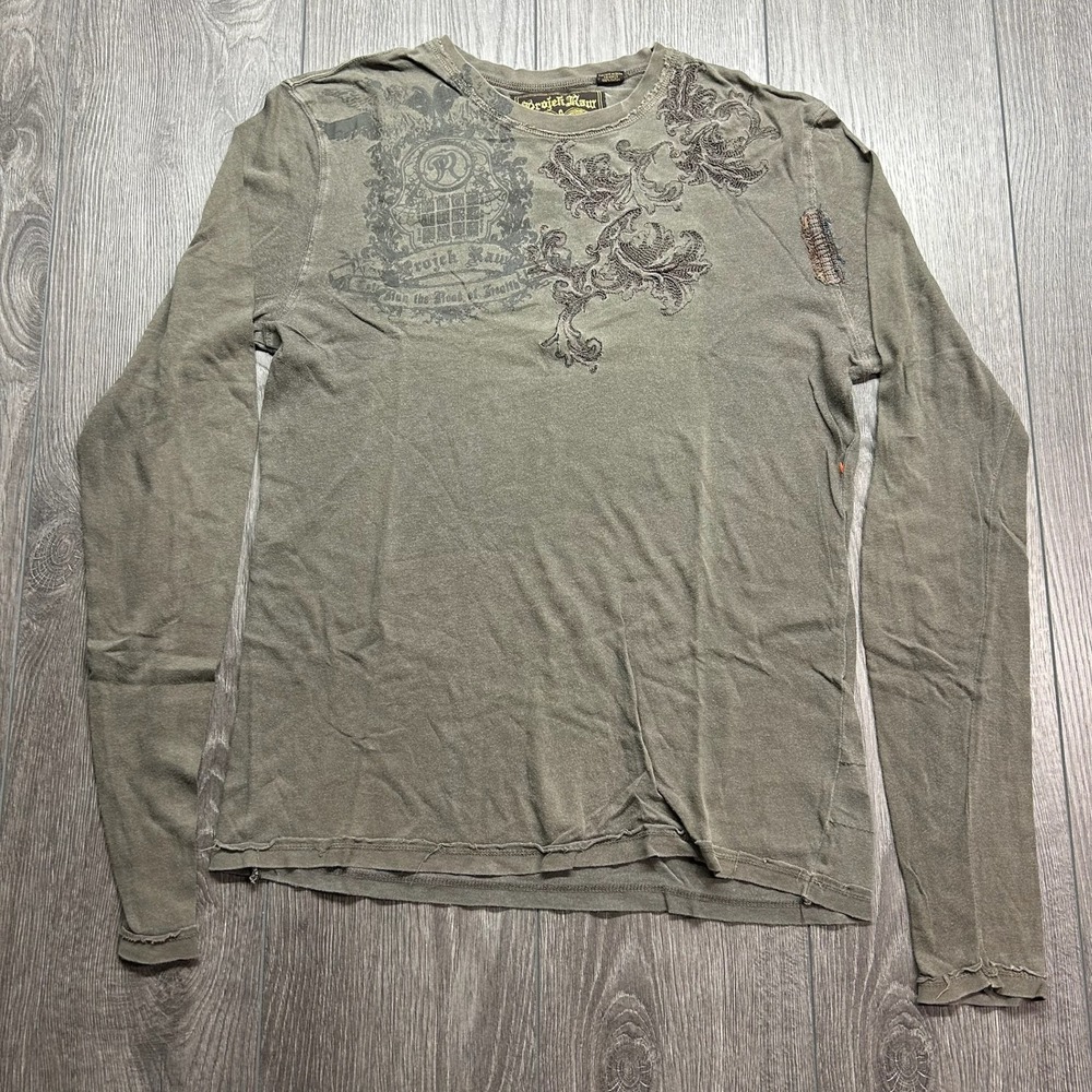 Projek Raw Mens Long Sleeve Graphic T-Shirt Olive Green Y2K Embroidered XS